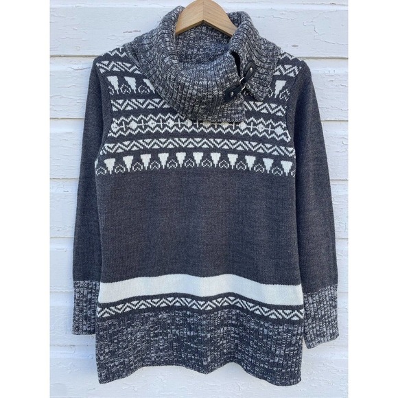 Lana Lee Sweater Cowl Neck Fair Isle Gray Knit Women's Large Tunic Horse Bit - Picture 1 of 6